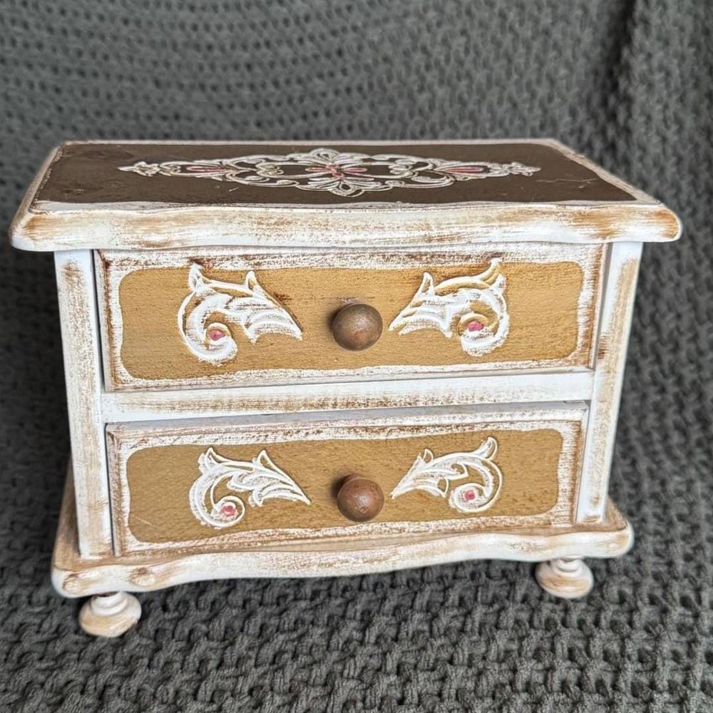 Vintage Florentine Music Jewelry Trinket Box Wood Gilded 2 Drawer Works